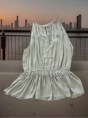 Philosophy Women's Halter Top Blouse Beige Oatmeal Sage Silky Peplum Ruffle L